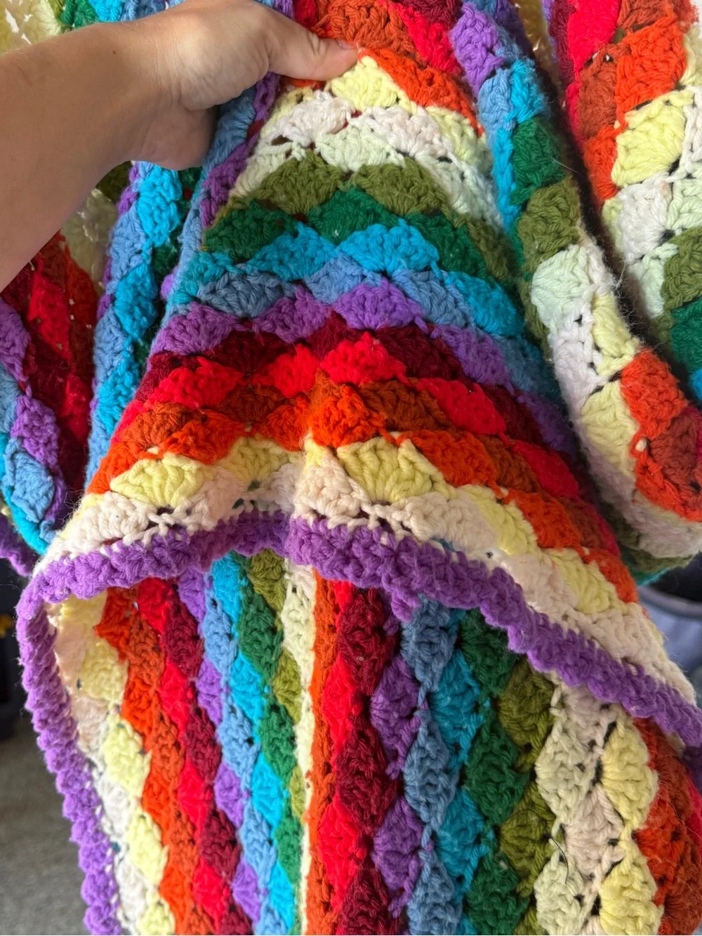 Vintage Handmade Multicolor Rainbow Crochet Blanket Vibrant Rainbow Stripes